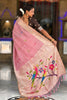 Pink Tussar Silk Saree with Multicolor Bird Floral Motif Pallu
