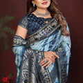 Sky Blue Navy Blue Tie-Dye Silk Saree with Silver Woven Border