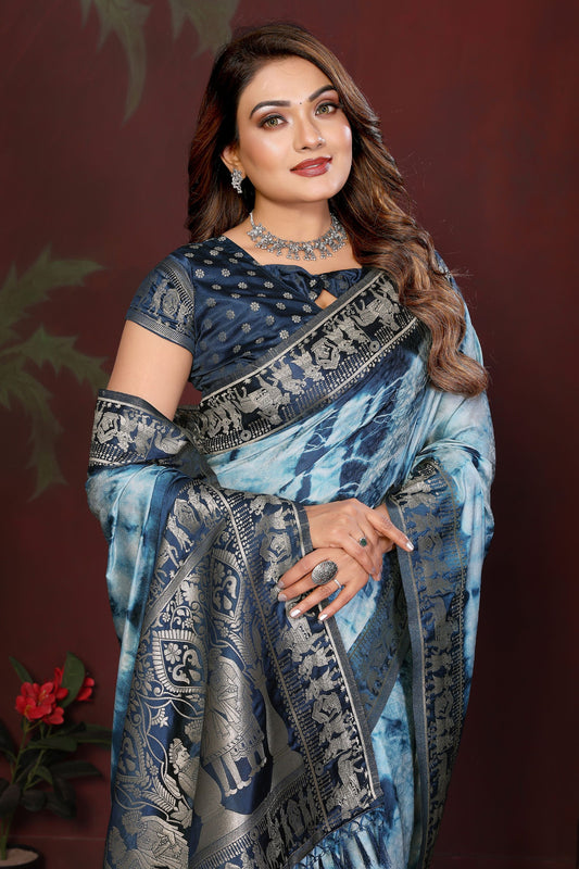 Sky Blue Navy Blue Tie-Dye Silk Saree with Silver Woven Border