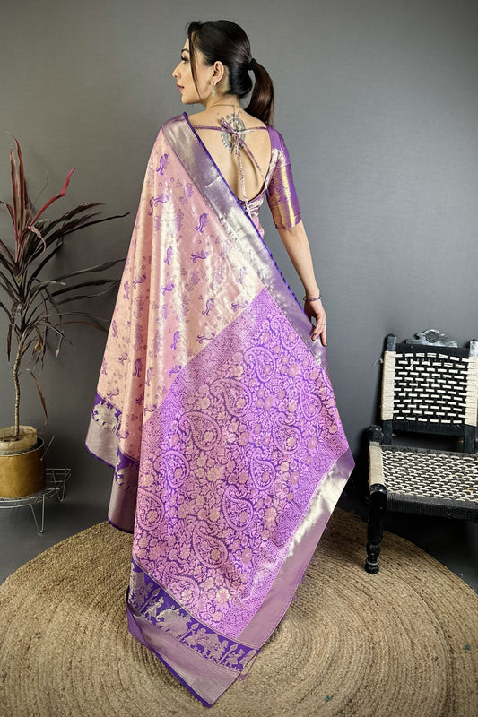 Pink Purple Kanjivaram Silk Saree Traditional Zari Woven Saree
