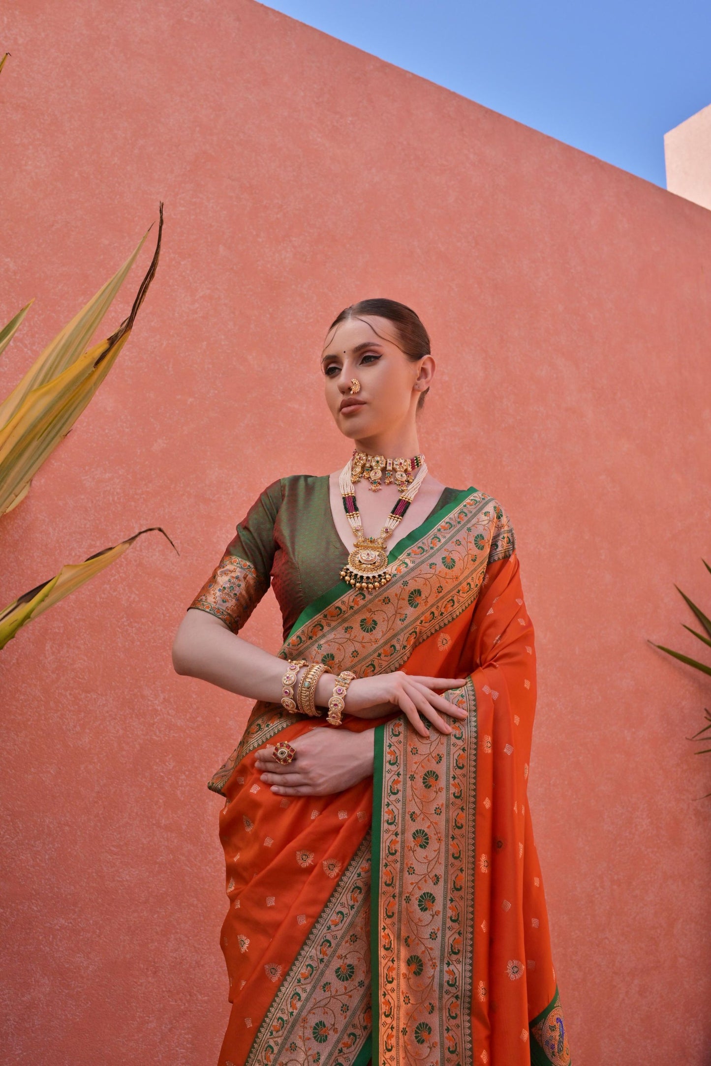 Traditional Orange Green Banarasi Silk Saree Zari Border Rich Designer Pallu