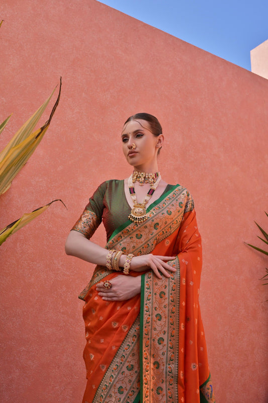 Traditional Orange Green Banarasi Silk Saree Zari Border Rich Designer Pallu