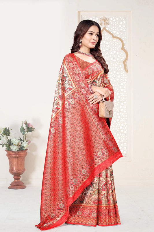 Red and Beige Banarasi Silk Saree with Rich Zari Woven Design