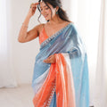 Sky Blue Coral Peach Ombre Organza Saree Embroidered Border