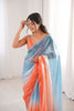 Sky Blue Coral Peach Ombre Organza Saree Embroidered Border