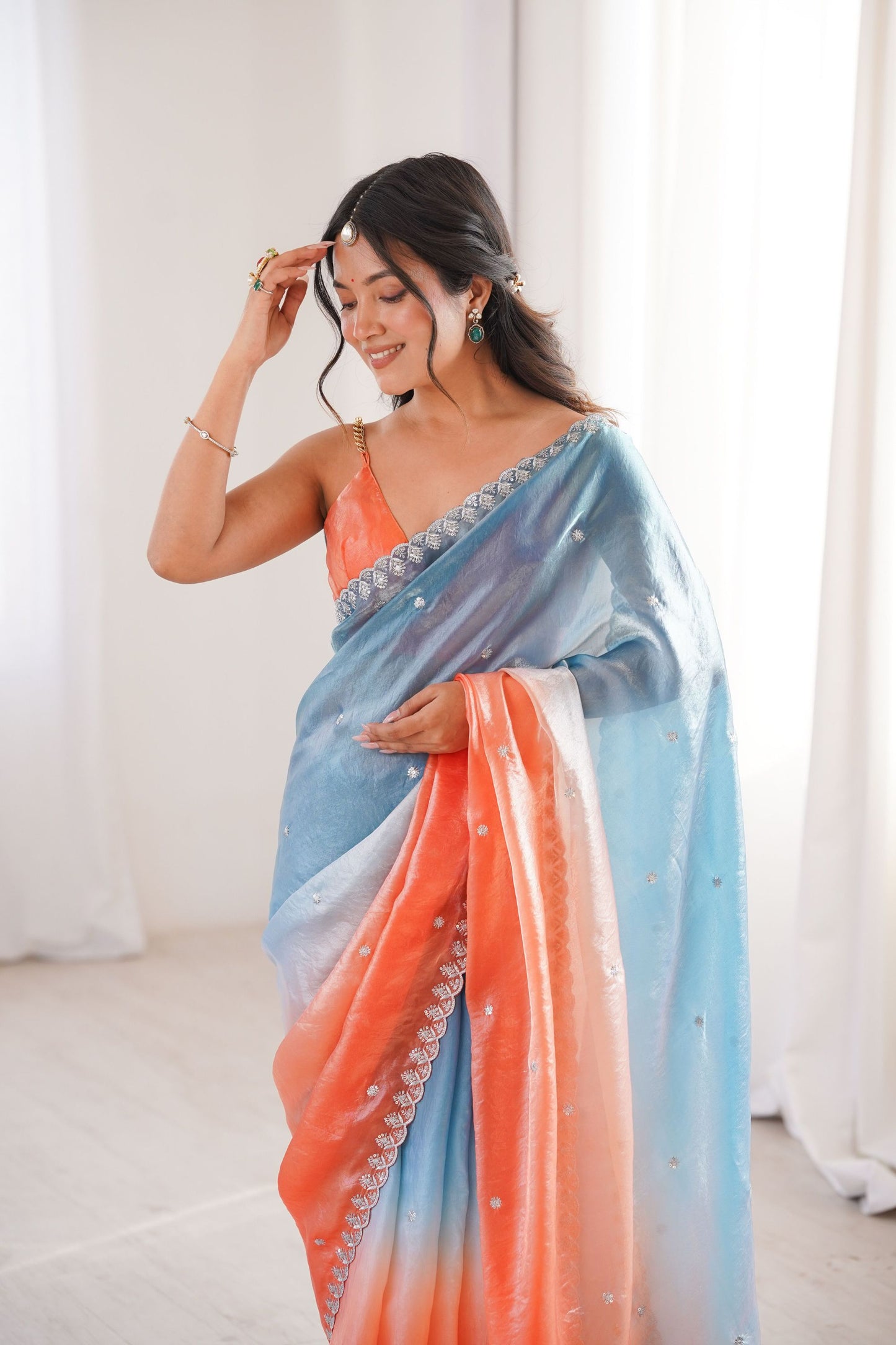 Sky Blue Coral Peach Ombre Organza Saree Embroidered Border
