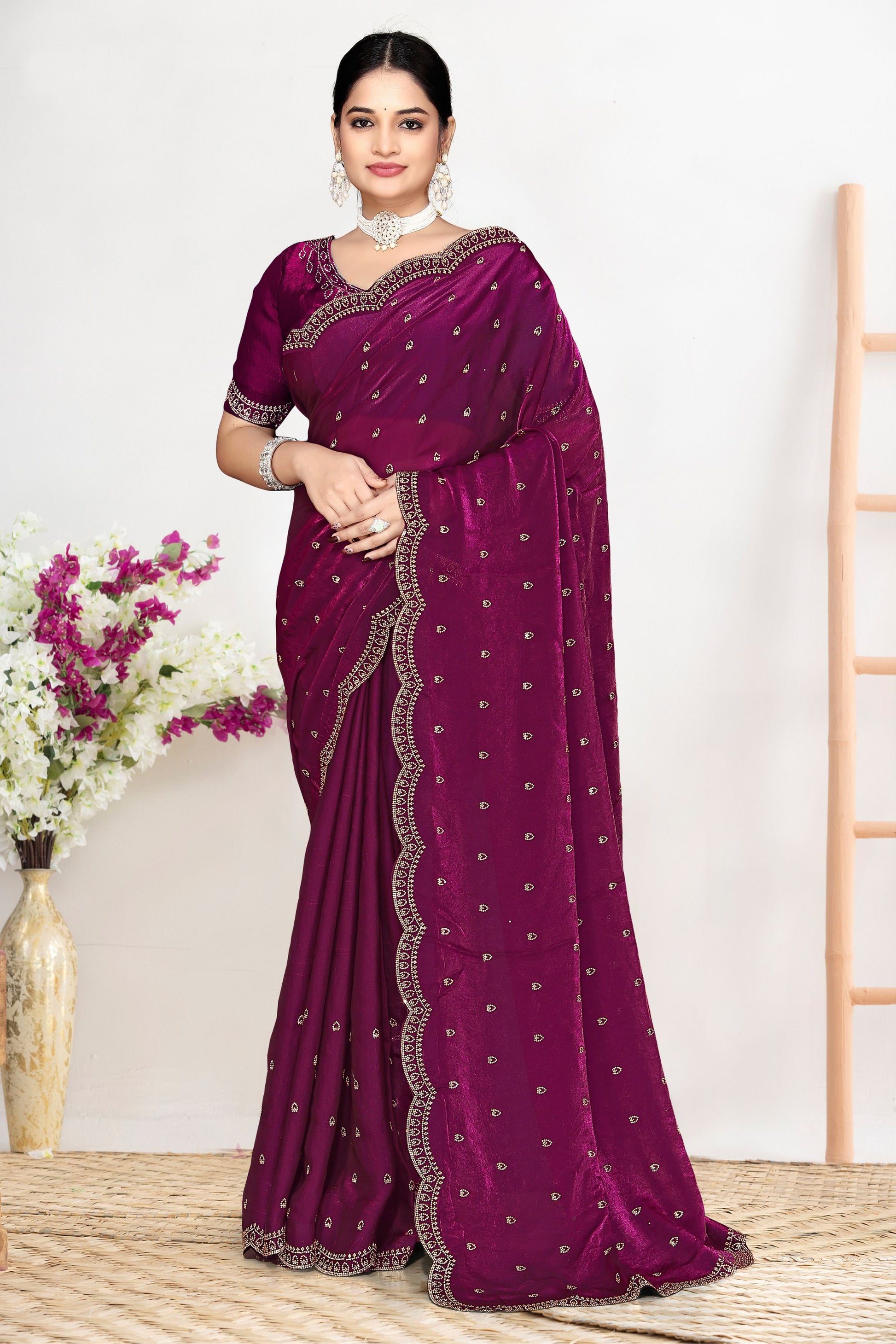 Magenta Pink Silk Saree with Zari Embroidered Border Buti Work