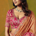 Pink Peach Banarasi Silk Saree Zari Woven Embroidered Border Readymade Blouse