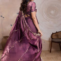 Wine Purple Silk Saree Golden Zari Embroidery Border Matching Blouse