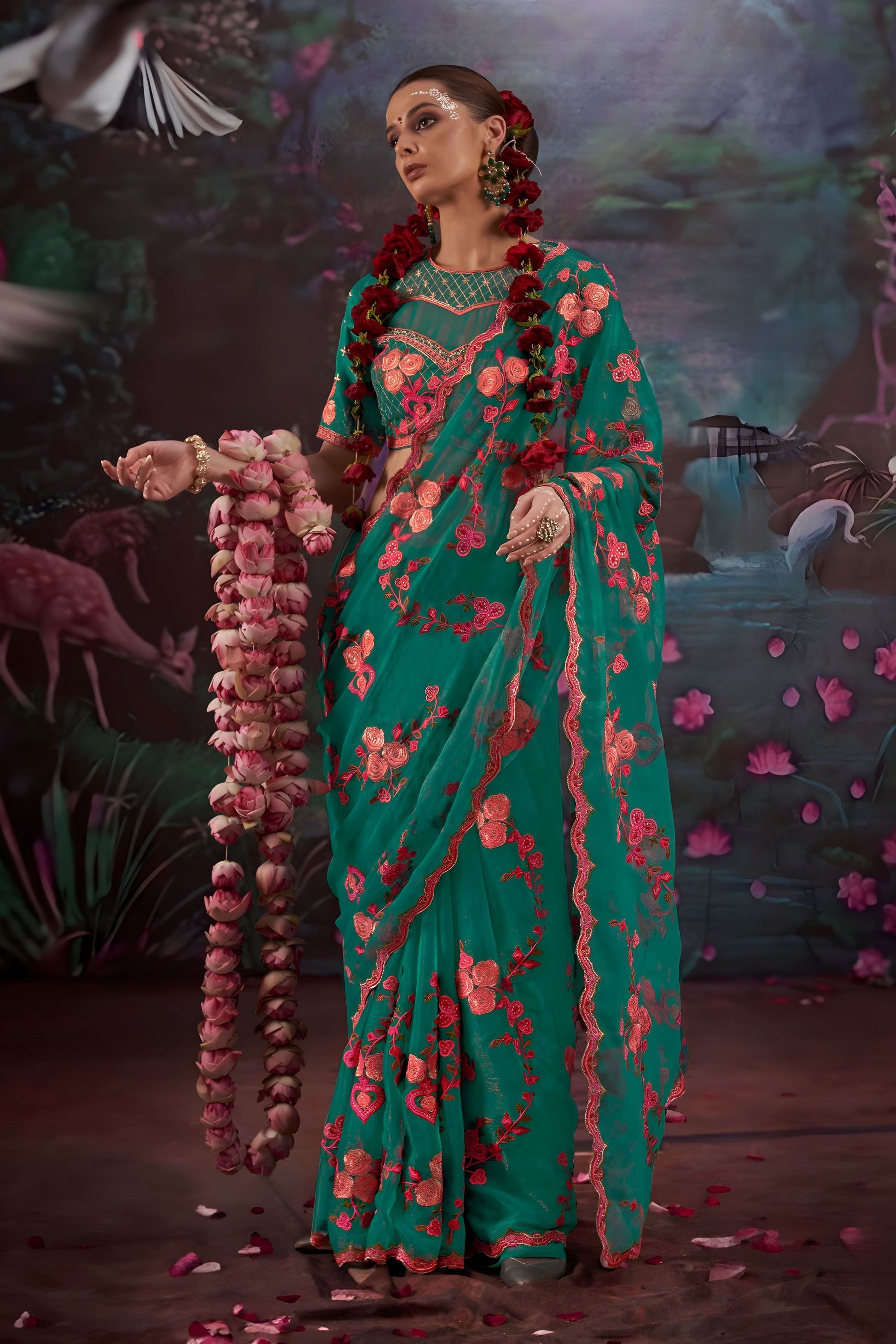 Designer Teal Green Floral Embroidered Saree with Stylish Blouse