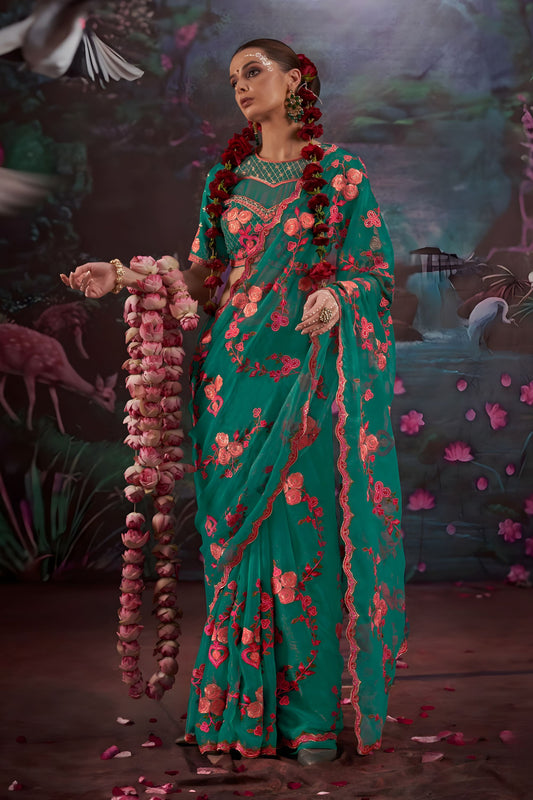 Designer Teal Green Floral Embroidered Saree with Stylish Blouse
