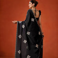 Black Embroidered Georgette Saree Floral Motifs Designer Border
