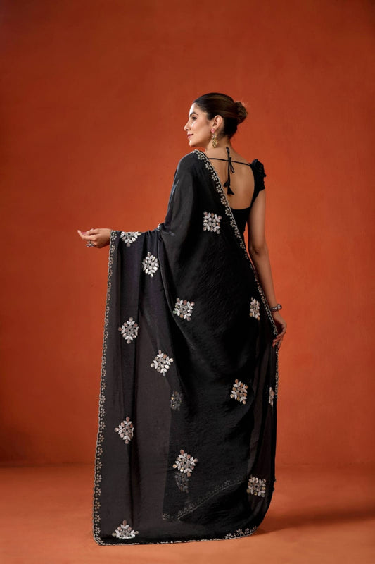 Black Embroidered Georgette Saree Floral Motifs Designer Border