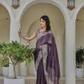 Deep Purple Georgette Saree Heavy Embroidered Border Designer Blouse