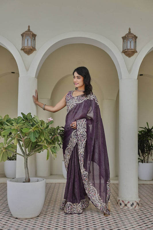Deep Purple Georgette Saree Heavy Embroidered Border Designer Blouse