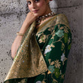 Green Banarasi Silk Saree Gold Zari Border Floral Weaving Saree