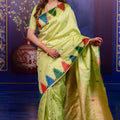 Pistachio Green Soft Silk Saree Multicolor Temple Border Rich Zari Pallu