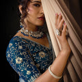 Sky Blue Designer Saree Heavy Embroidered Border Navy Blue Blouse
