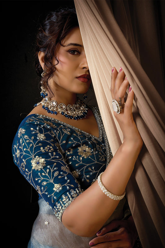 Sky Blue Designer Saree Heavy Embroidered Border Navy Blue Blouse