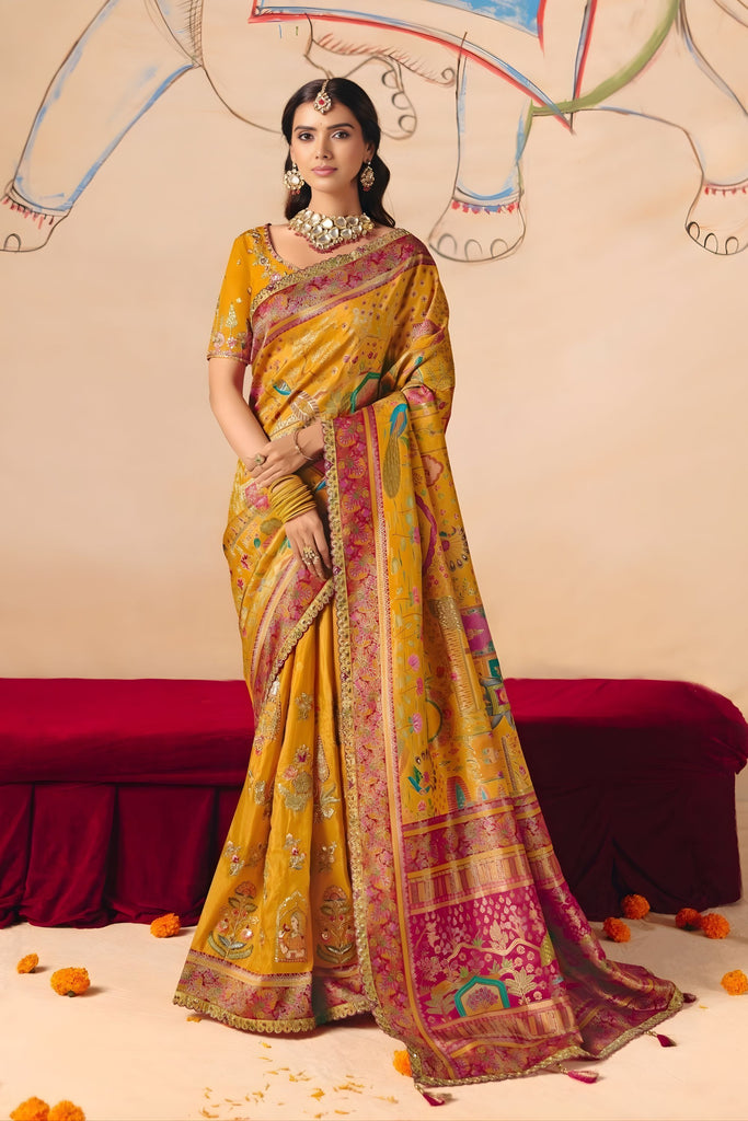 Mustard Yellow Paithani Silk Saree Rich Pink Zari Traditional Motifs Saree 