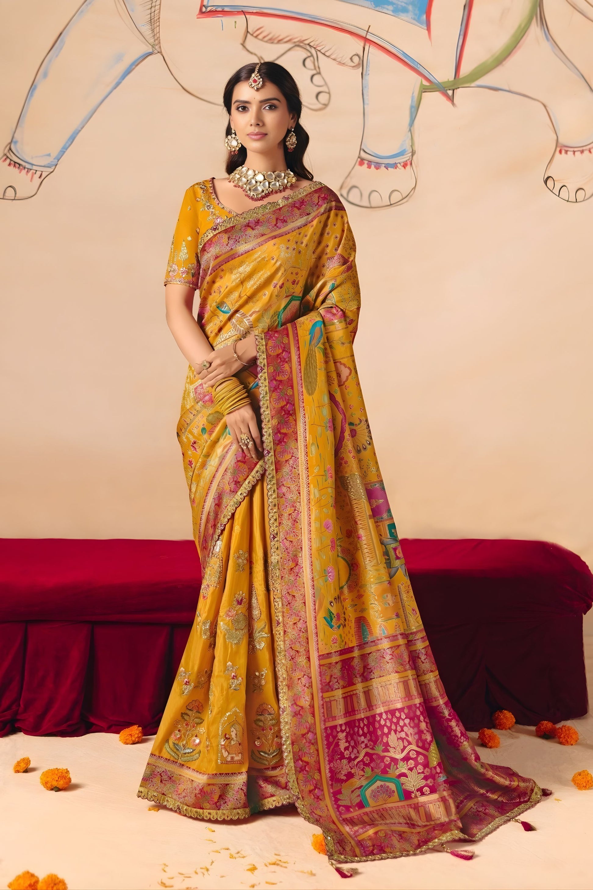 Mustard Yellow Paithani Silk Saree Rich Pink Zari Traditional Motifs Saree 