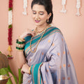 Lavender Silk Saree with Teal Woven Border Traditional Design