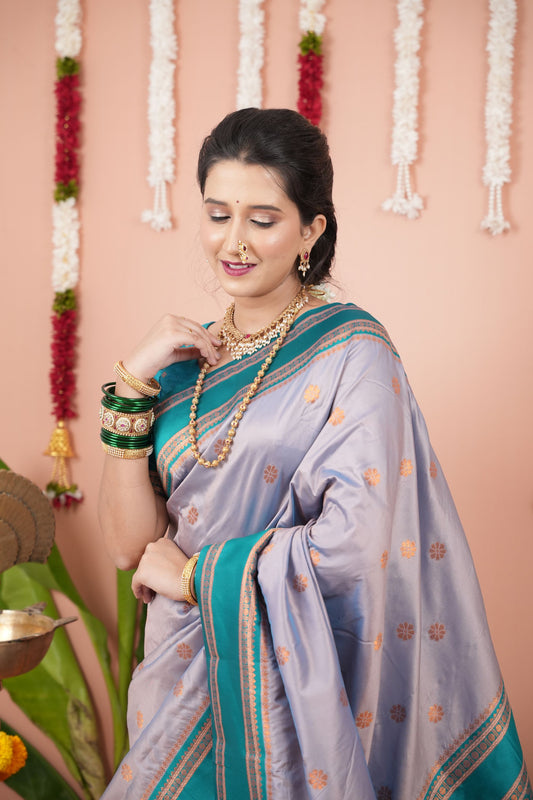 Lavender Silk Saree with Teal Woven Border Traditional Design