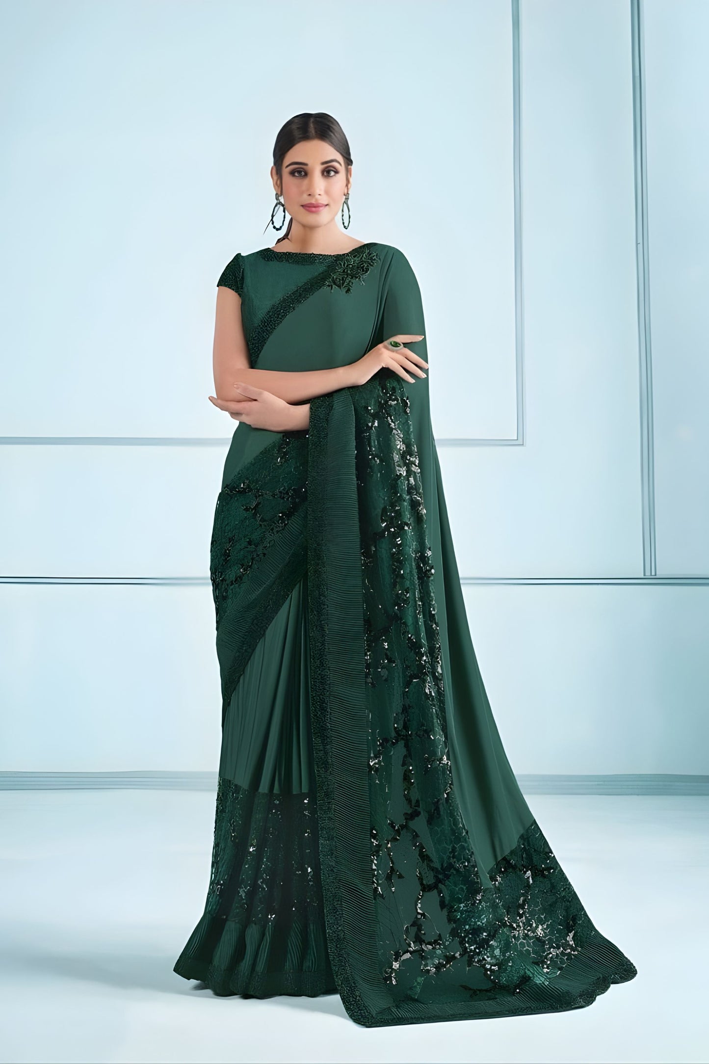 Dark Green Embroidered Georgette Saree with Designer Blouse 