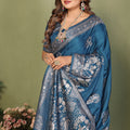 Teal Blue Banarasi Silk Saree Rich Silver Zari Weaving Blouse Piece