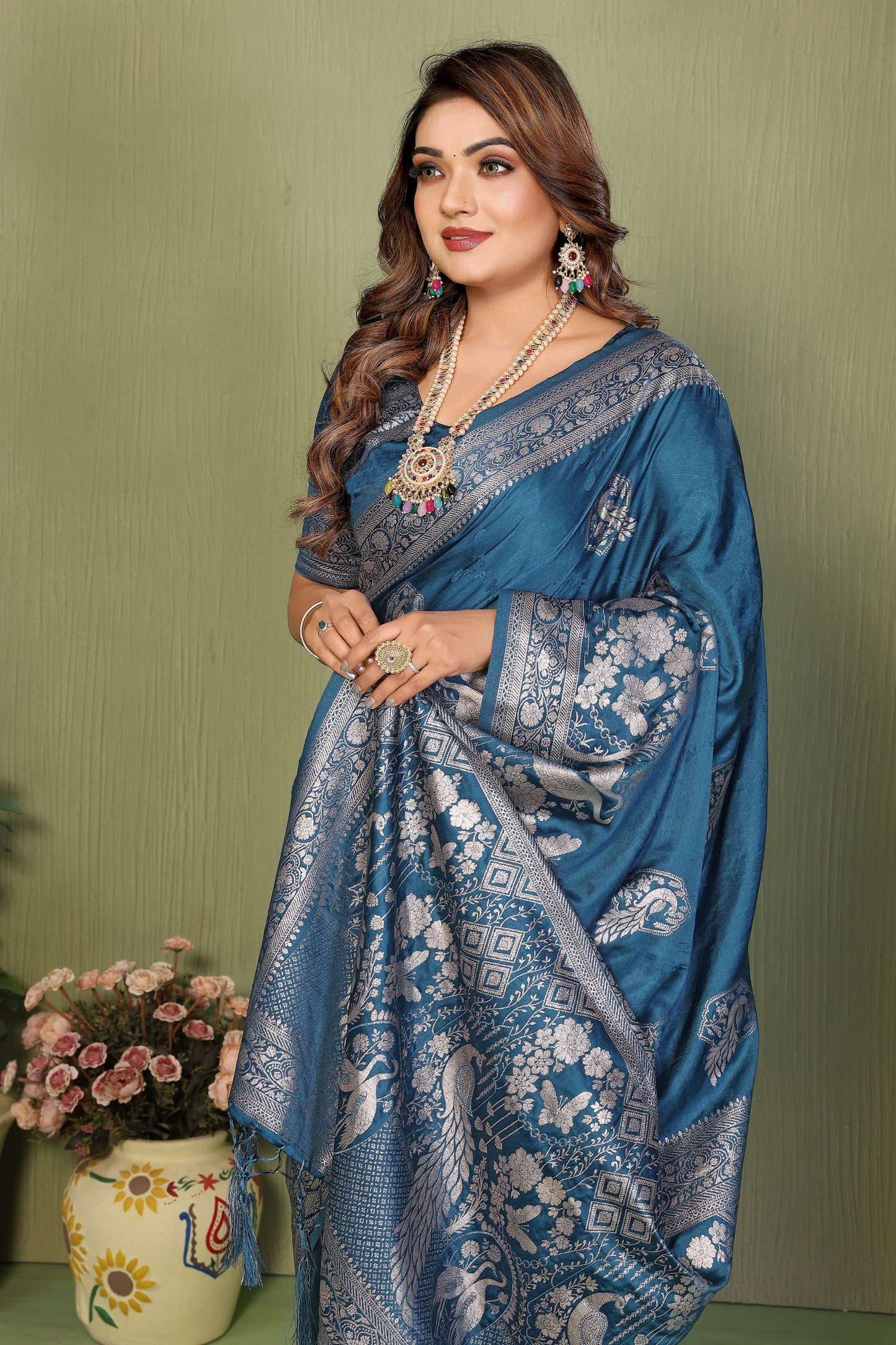 Teal Blue Banarasi Silk Saree Rich Silver Zari Weaving Blouse Piece