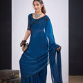 Teal Blue Organza Silk Saree with Black Embroidered Blouse 