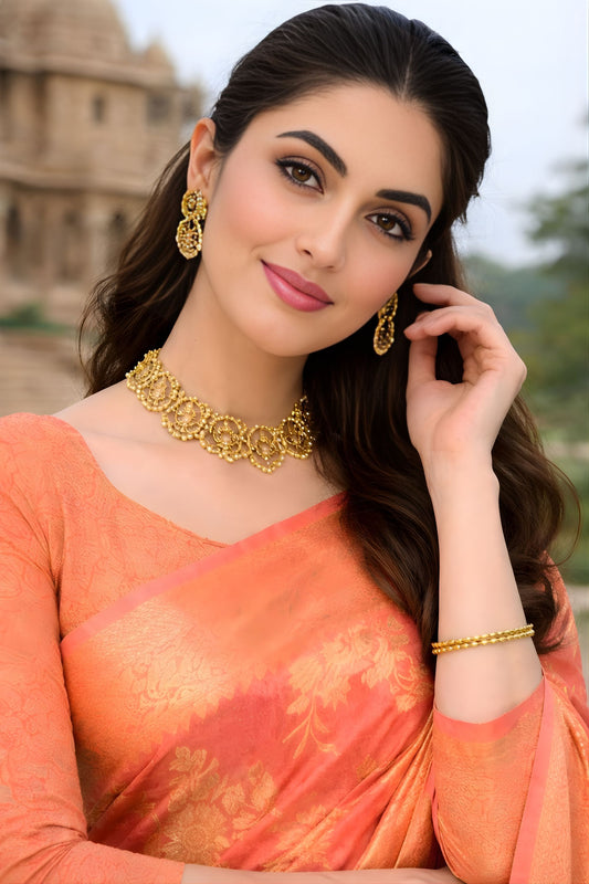 Peach Orange Banarasi Silk Saree Gold Floral Zari Weaving Traditional Wear