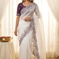 White Organza Saree with Purple Embroidered Border