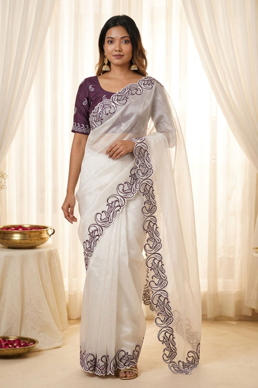 White Organza Saree with Purple Embroidered Border