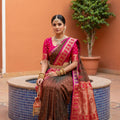 Olive Green Silk Saree Red Contrast Border Zari Weaving Festive Wear