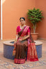 Olive Green Silk Saree Red Contrast Border Zari Weaving Festive Wear