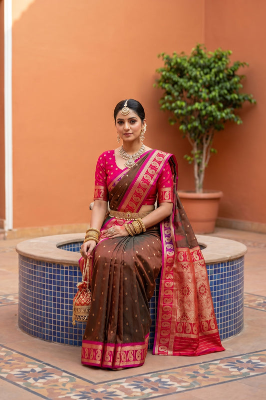 Olive Green Silk Saree Red Contrast Border Zari Weaving Festive Wear