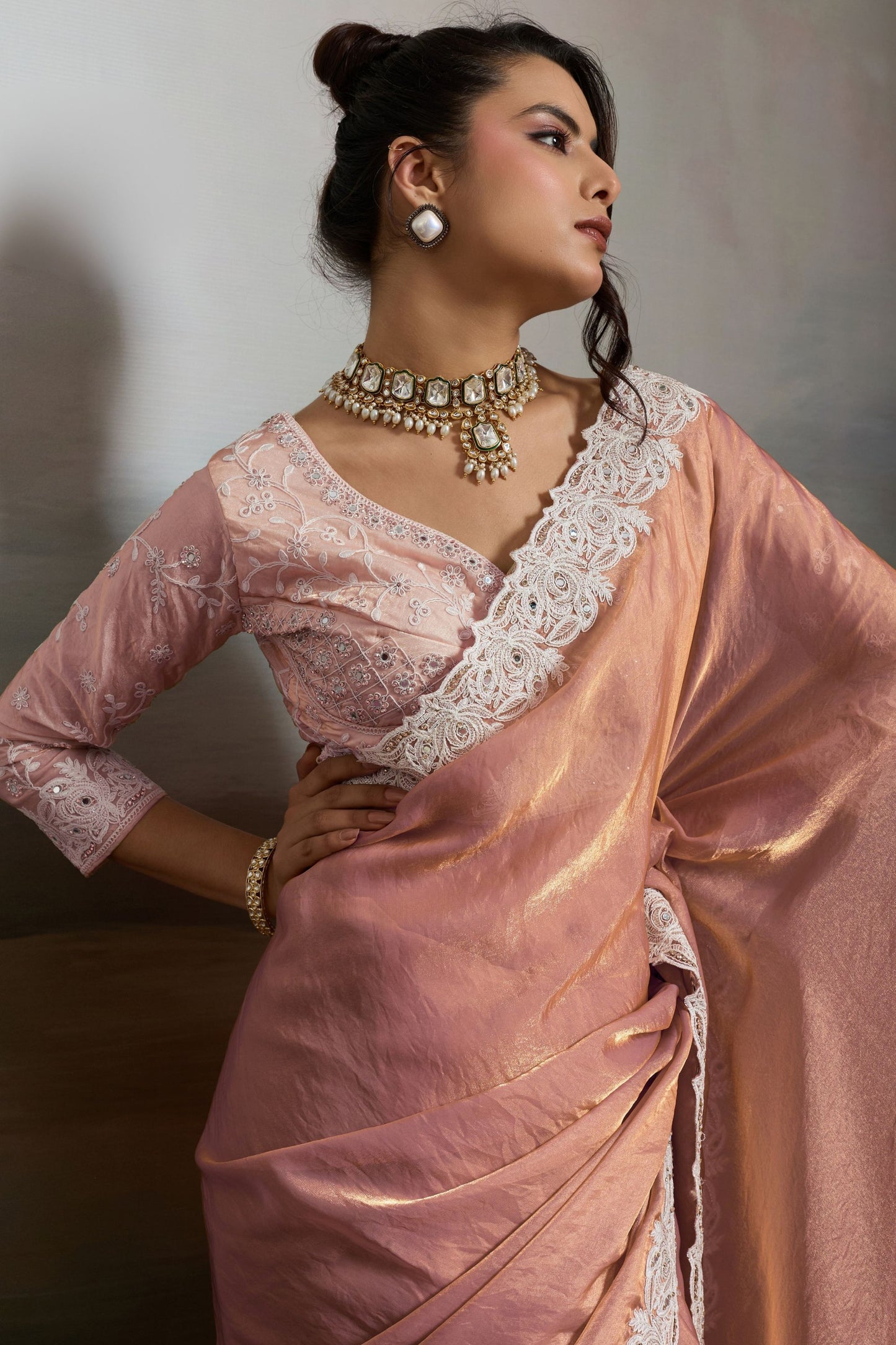 Peach Silk Saree with Designer White Lace Border Party Wear