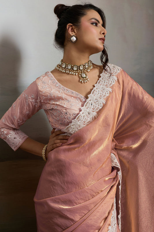 Peach Silk Saree with Designer White Lace Border Party Wear