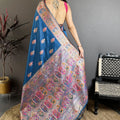 Royal Navy Blue Kashmiri Printed Satin Silk Saree with Designer Border