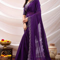 Designer Purple Georgette Saree Heavy Embroidered Border Blouse