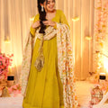Elegant Mustard Yellow Teby Silk Gown with Floral Printed Dupatta for Women