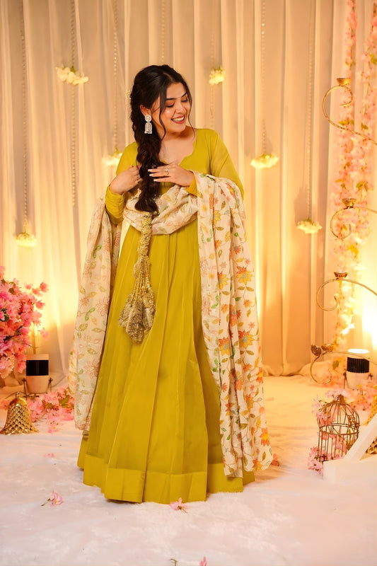 Elegant Mustard Yellow Teby Silk Gown with Floral Printed Dupatta for Women