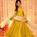 Elegant Mustard Yellow Teby Silk Gown with Floral Printed Dupatta for Women