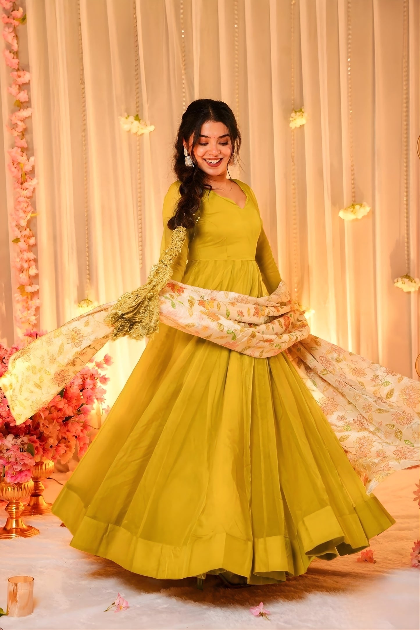 Elegant Mustard Yellow Teby Silk Gown with Floral Printed Dupatta for Women