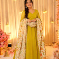 Elegant Mustard Yellow Teby Silk Gown with Floral Printed Dupatta for Women