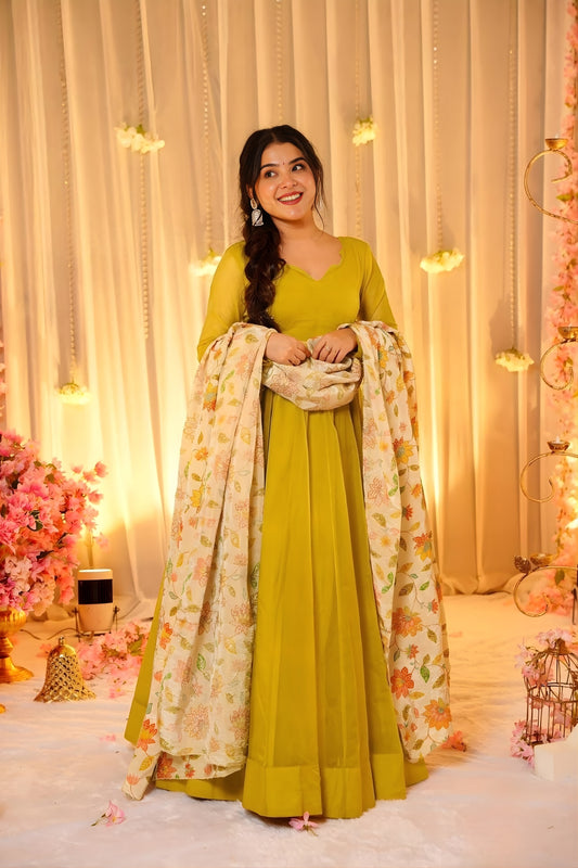 Elegant Mustard Yellow Teby Silk Gown with Floral Printed Dupatta for Women