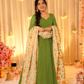 Stunning Mehndi Green Teby Silk Gown with Floral Printed Dupatta for Women
