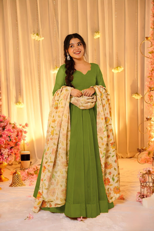 Stunning Mehndi Green Teby Silk Gown with Floral Printed Dupatta for Women