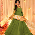 Stunning Mehndi Green Teby Silk Gown with Floral Printed Dupatta for Women